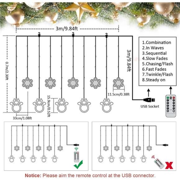 Window Lights Christmas Decor 9.8ft 5 Snowmen and 5 Snowflakes Icicle Lights USB - Picture 5 of 6